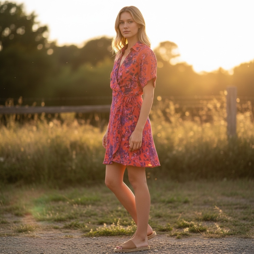 Peruvian Connection Castello Short Sleeve Floral Faux Wrap Dress Women's‎ Size 4